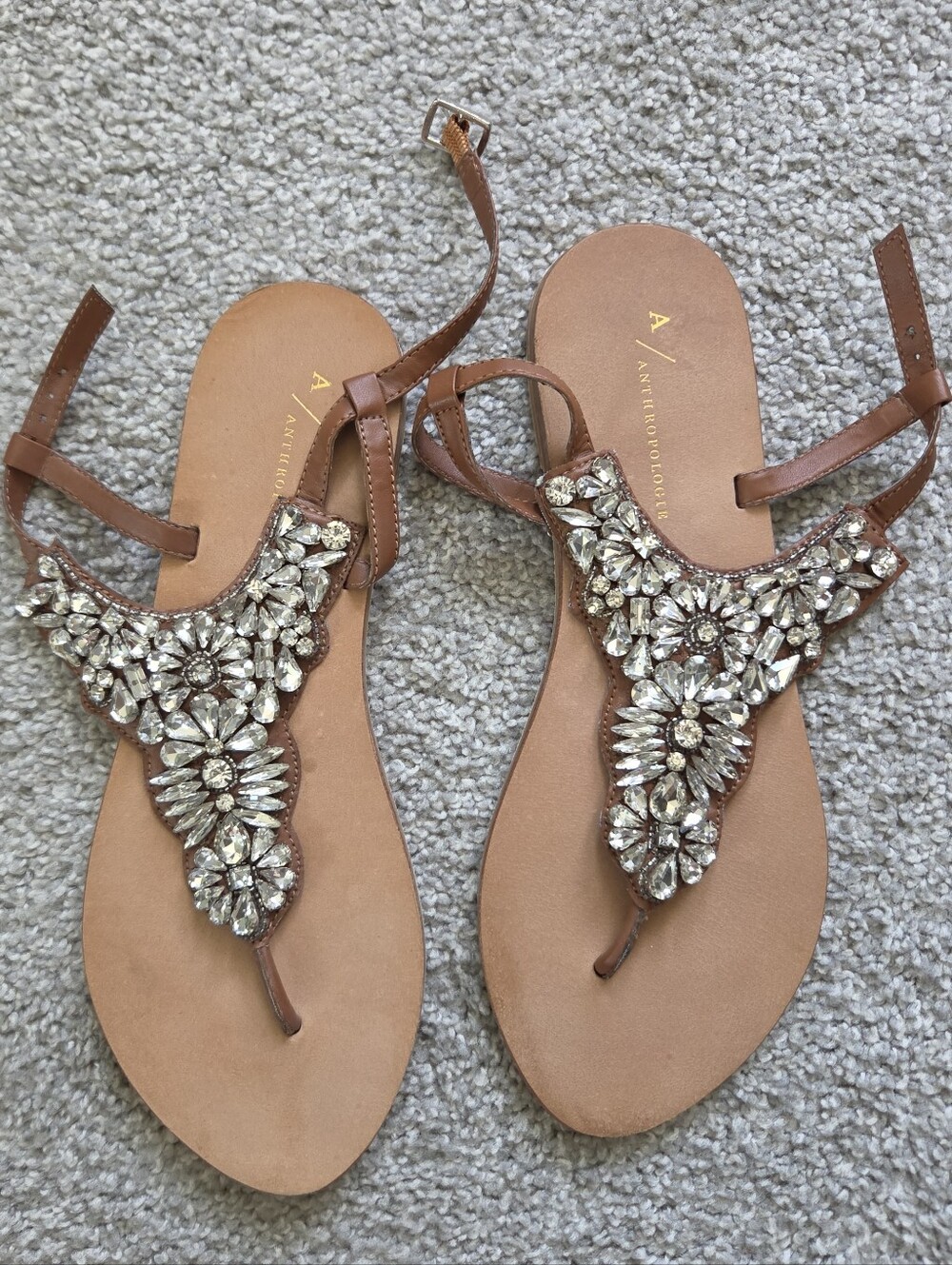 Anthropologie Tan Jeweled T-Strap Sandals Size 9